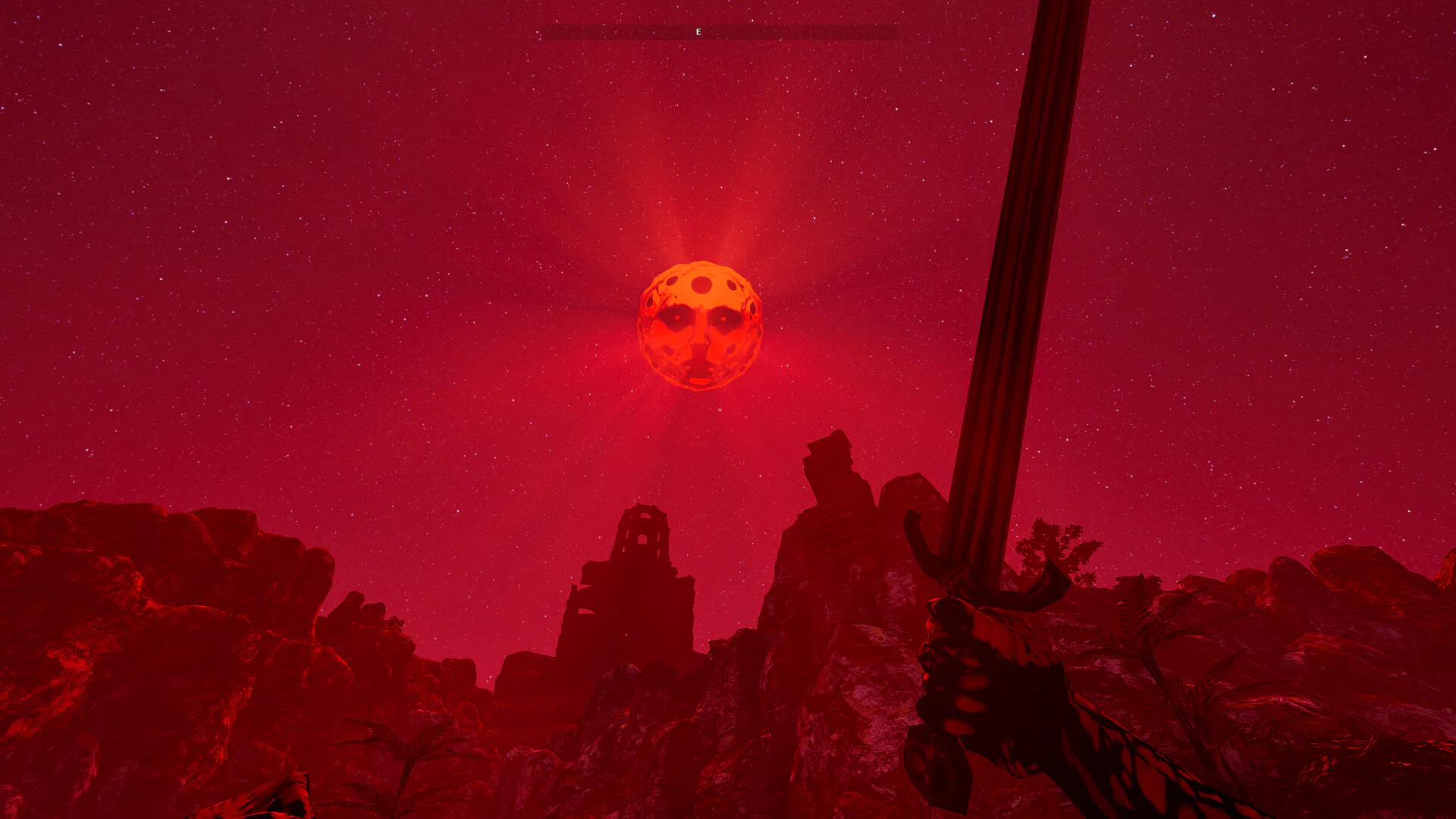 A magical red skull hanging above ruins in an official game screenshot