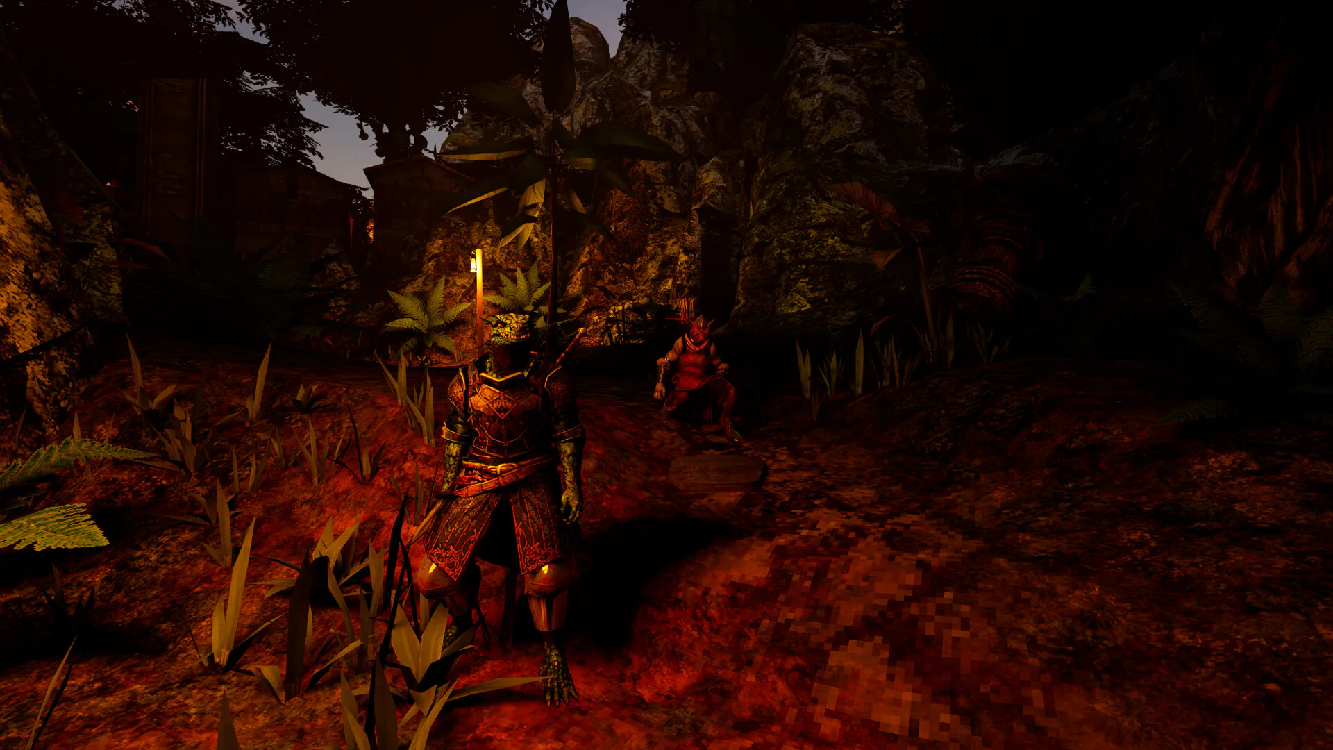 Two adventurers meeting in a glowing settlement in an official game screenshot