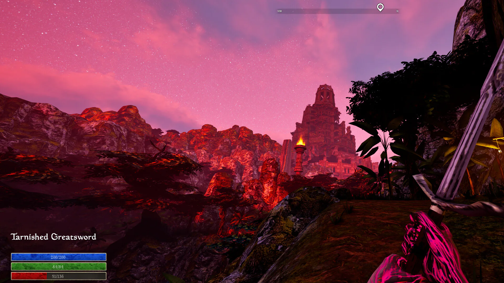 First-person view of the silent Tower under a vivid pink sky in The Lantern of the Laughless Saint