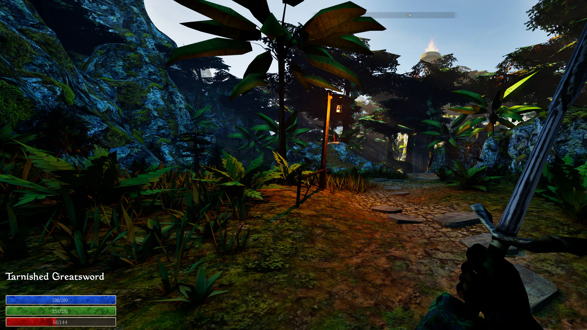 A first-person view of dense plants and a path through the island